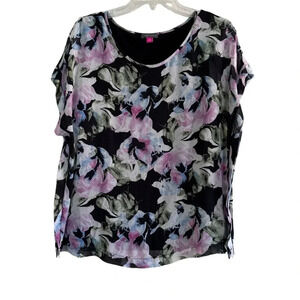 Vince Camuto Floral Top Blouse Short Sleeve Drop Shoulder Pink Blue Black Fairy